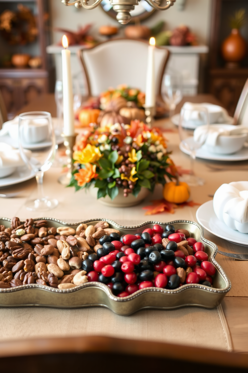 A beautifully arranged dining table features decorative trays filled with an assortment of nuts and fresh berries. The warm autumn colors of the table setting complement the seasonal decor, creating a cozy and inviting atmosphere for fall gatherings.