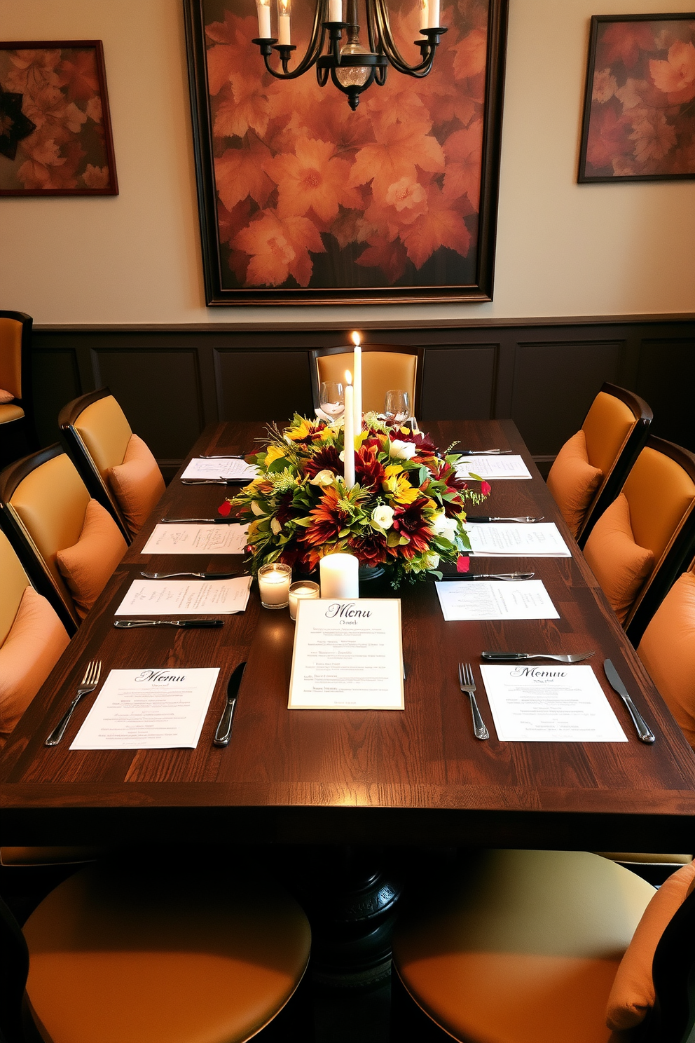 Handwritten menus elegantly displayed on a rustic wooden table set the tone for an inviting fall dining experience. Surrounding the table are warm-toned chairs with soft, plush cushions, creating a cozy atmosphere for gatherings. The walls are adorned with tasteful autumn-themed art, featuring rich hues of orange, red, and gold. Centered on the table is a stunning arrangement of seasonal flowers and foliage, complemented by flickering candlelight for a warm glow.