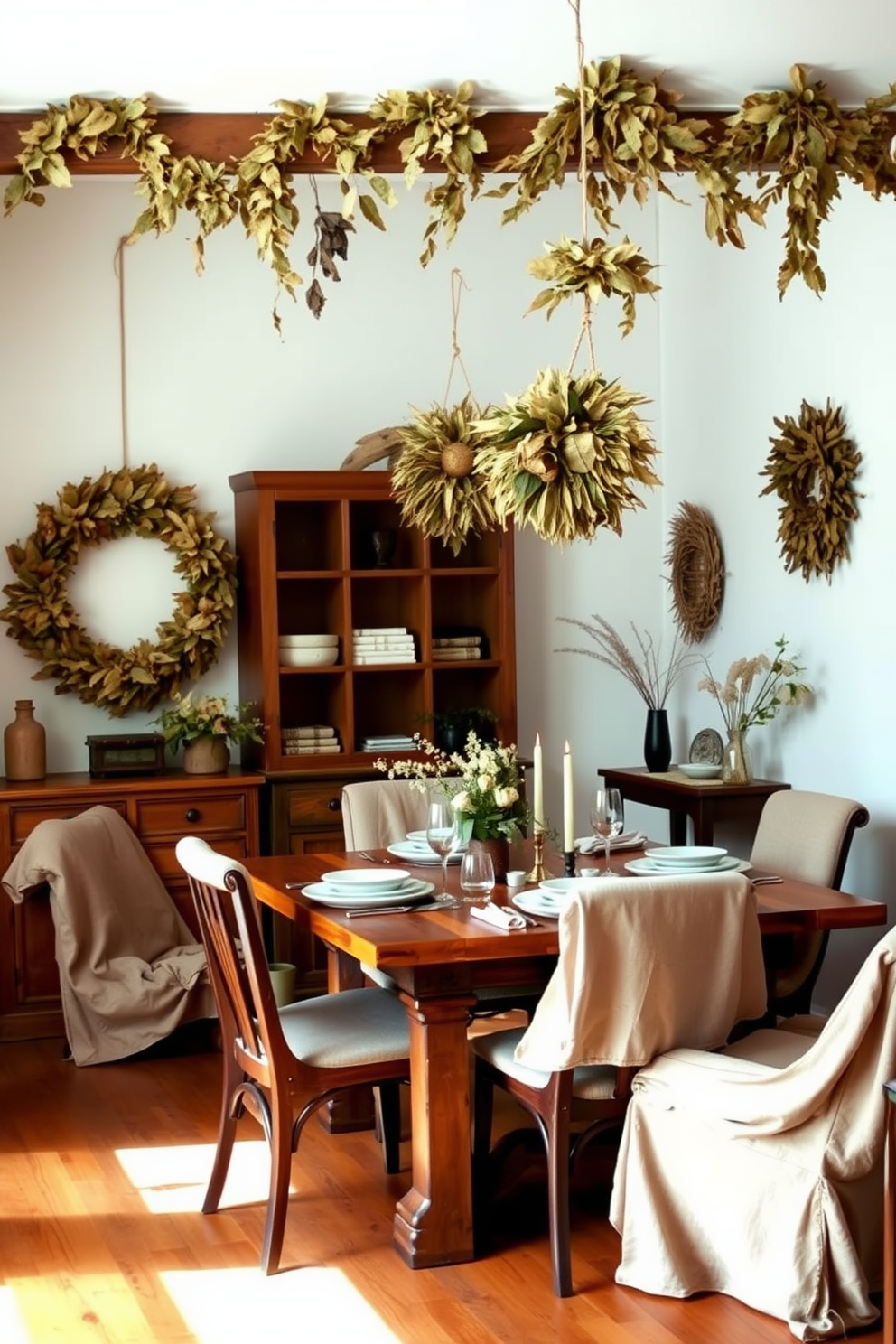 A cozy dining room adorned with hanging wreaths made of dried leaves. The warm wooden table is set with rustic tableware, surrounded by comfortable chairs draped in soft, earthy-toned fabrics.