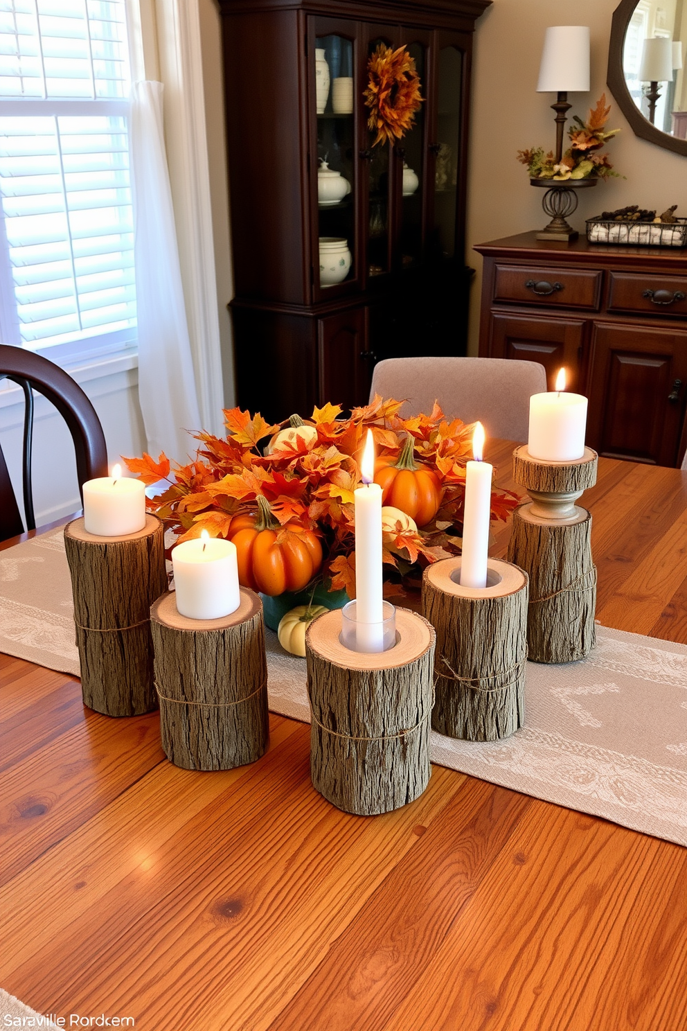 A cozy dining room setting featuring unique candle holders crafted from wood placed on a rustic wooden table. The table is adorned with a warm autumn-themed centerpiece, including seasonal leaves and small pumpkins, creating a welcoming atmosphere for fall gatherings.