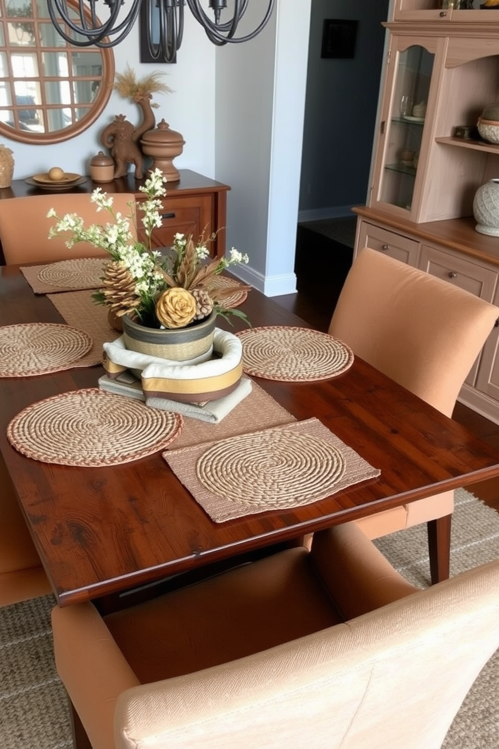 A cozy dining room setting featuring a wooden table adorned with layered textures and woven placemats. Surrounding the table are upholstered chairs in warm autumn tones, creating an inviting atmosphere for gatherings.