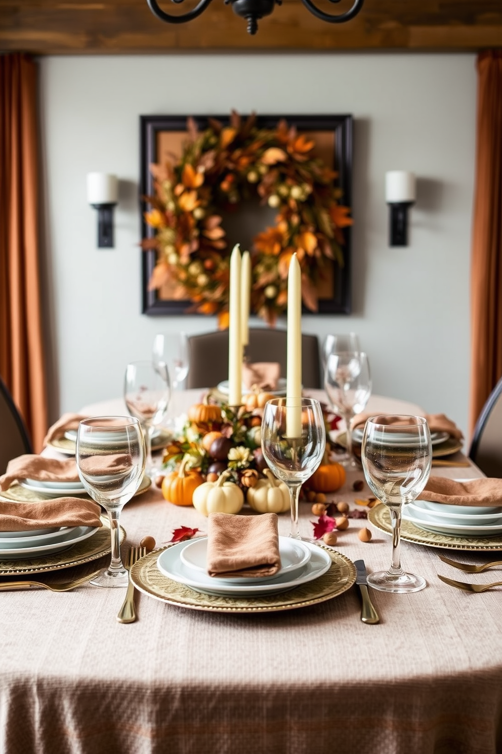 Artistic centerpieces featuring an assortment of colorful gourds and vibrant autumn leaves create a warm and inviting atmosphere. The dining table is elegantly set with a rich wooden finish, complemented by soft, neutral linens to enhance the seasonal decor.