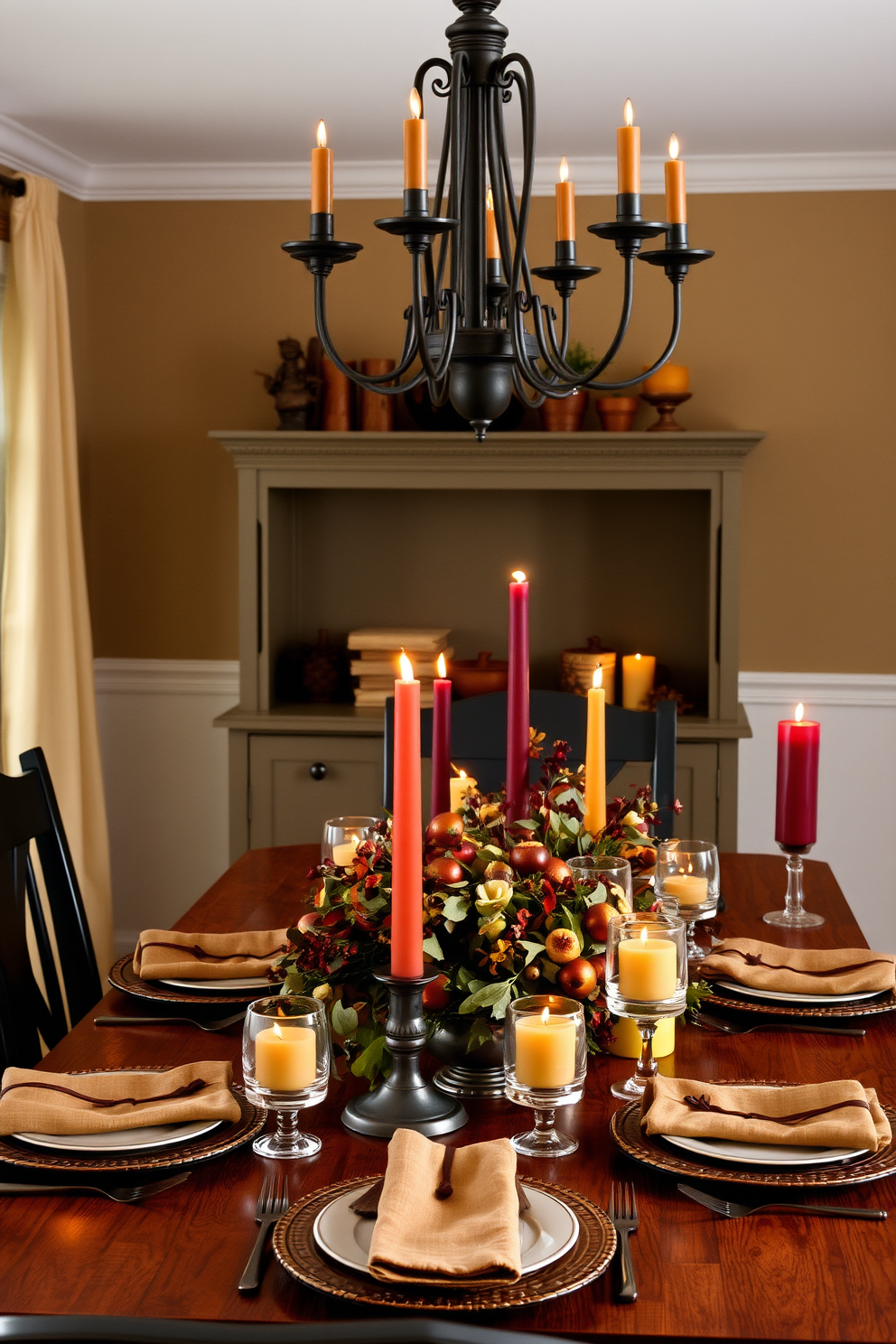 A cozy fall dining room adorned with mini pumpkins as charming centerpieces. The table is set with rustic wooden plates and warm-toned napkins, creating an inviting atmosphere for autumn gatherings.