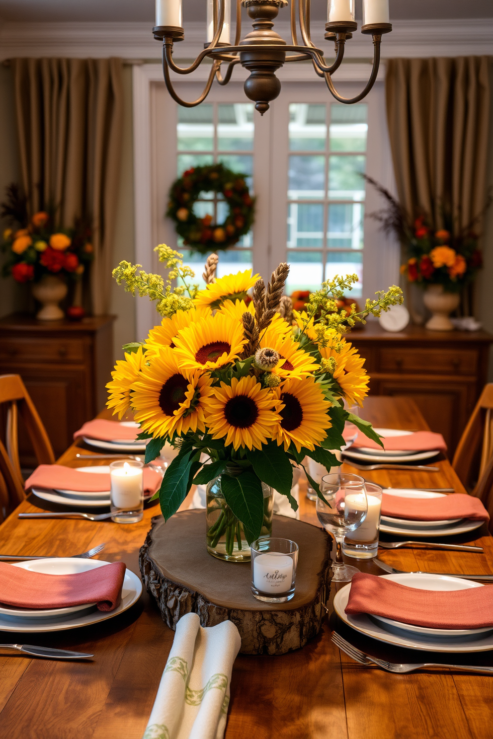 A cozy dining room adorned with seasonal floral arrangements featuring vibrant sunflowers. The table is elegantly set with rustic wooden accents and a warm autumn color palette, complemented by soft, ambient lighting.