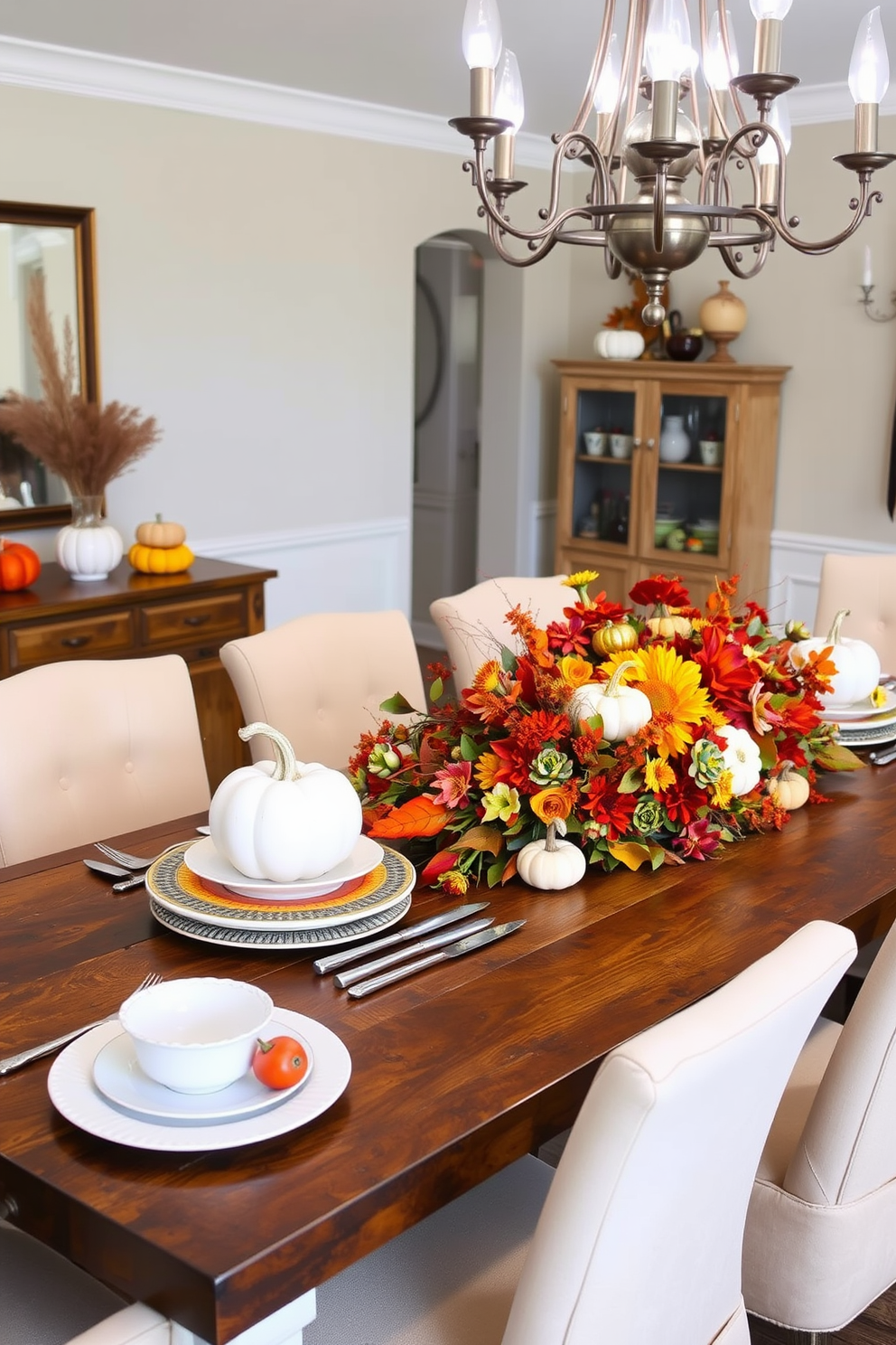 Elegant white dishes with colorful accents are beautifully arranged on a rustic wooden dining table. The table is adorned with a vibrant autumn centerpiece featuring pumpkins, gourds, and seasonal flowers in rich hues. Surrounding the table are upholstered chairs in warm tones that complement the decor. Soft, ambient lighting from a stylish chandelier enhances the cozy and inviting atmosphere of the fall dining room.