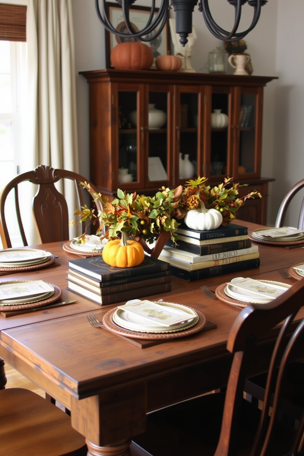 A cozy fall dining room setting featuring a rustic wooden table adorned with vintage books stacked as table decor. The warm hues of autumn are reflected in the centerpiece, which includes seasonal foliage and small pumpkins, creating an inviting atmosphere for gatherings.