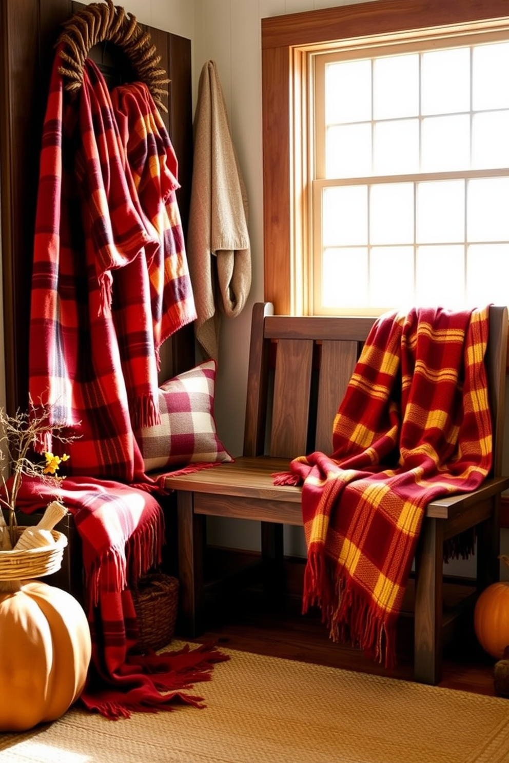 A cozy fall entryway features a wooden bench adorned with warm plaid throw blankets in rich autumn colors. To enhance the seasonal ambiance, pumpkins and gourds are artfully arranged on the floor beside the bench, inviting guests into a welcoming space.