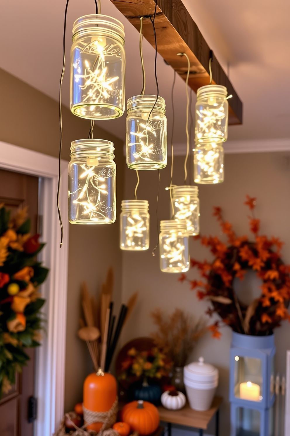 A charming fall entryway adorned with hanging mason jars filled with twinkling fairy lights creates a warm and inviting atmosphere. The jars are suspended from a rustic wooden beam, casting a soft glow on the surrounding autumn-themed decor.