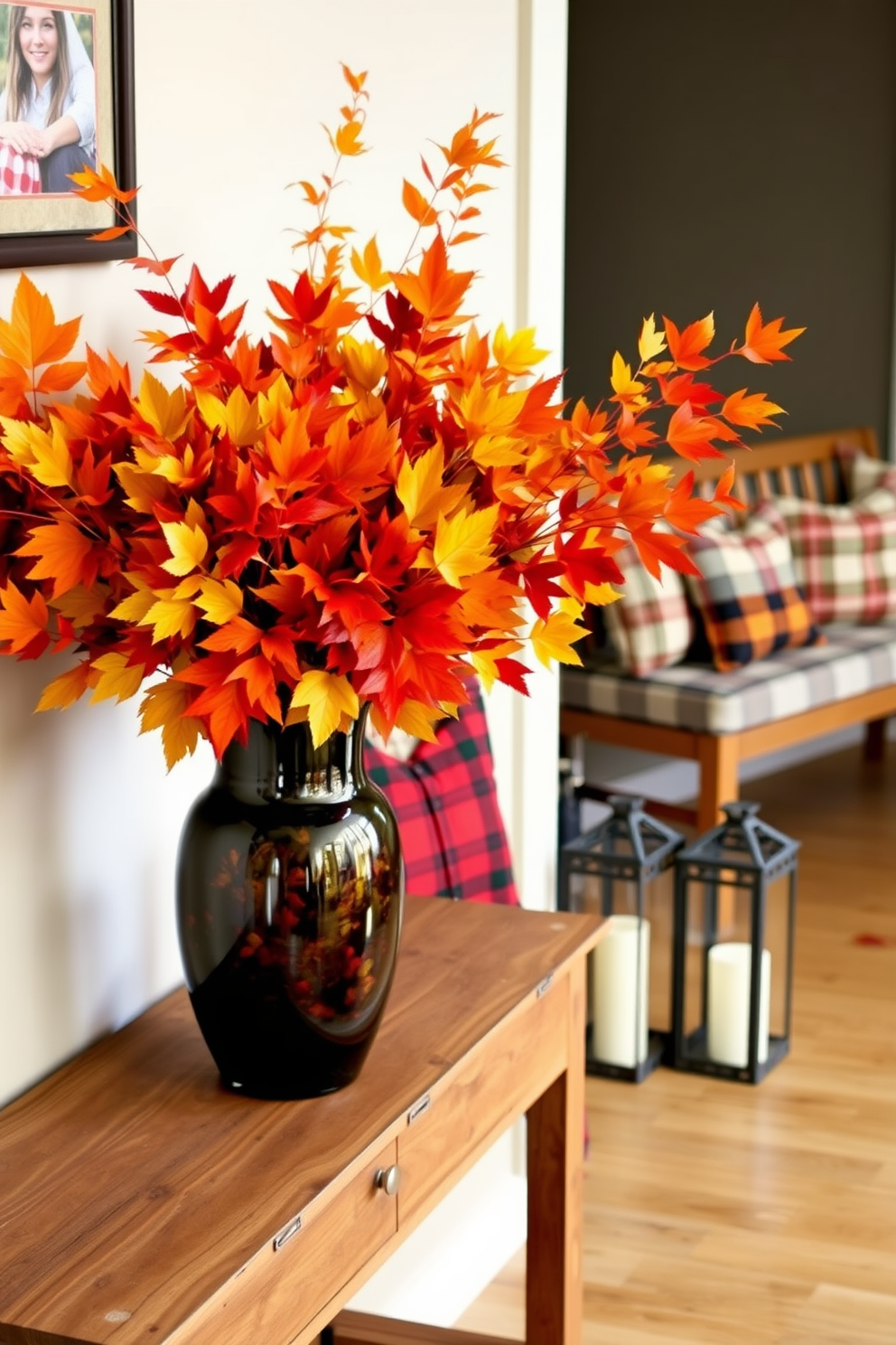 Mismatched vintage chairs create an inviting seating area that exudes charm and character. Each chair, with its unique design and color, is arranged around a rustic wooden table, complemented by soft cushions for added comfort. The fall entryway is adorned with warm hues of orange and gold, featuring a woven basket filled with pumpkins and seasonal foliage. A cozy throw blanket drapes over a vintage bench, welcoming guests into a space that feels both stylish and homey.