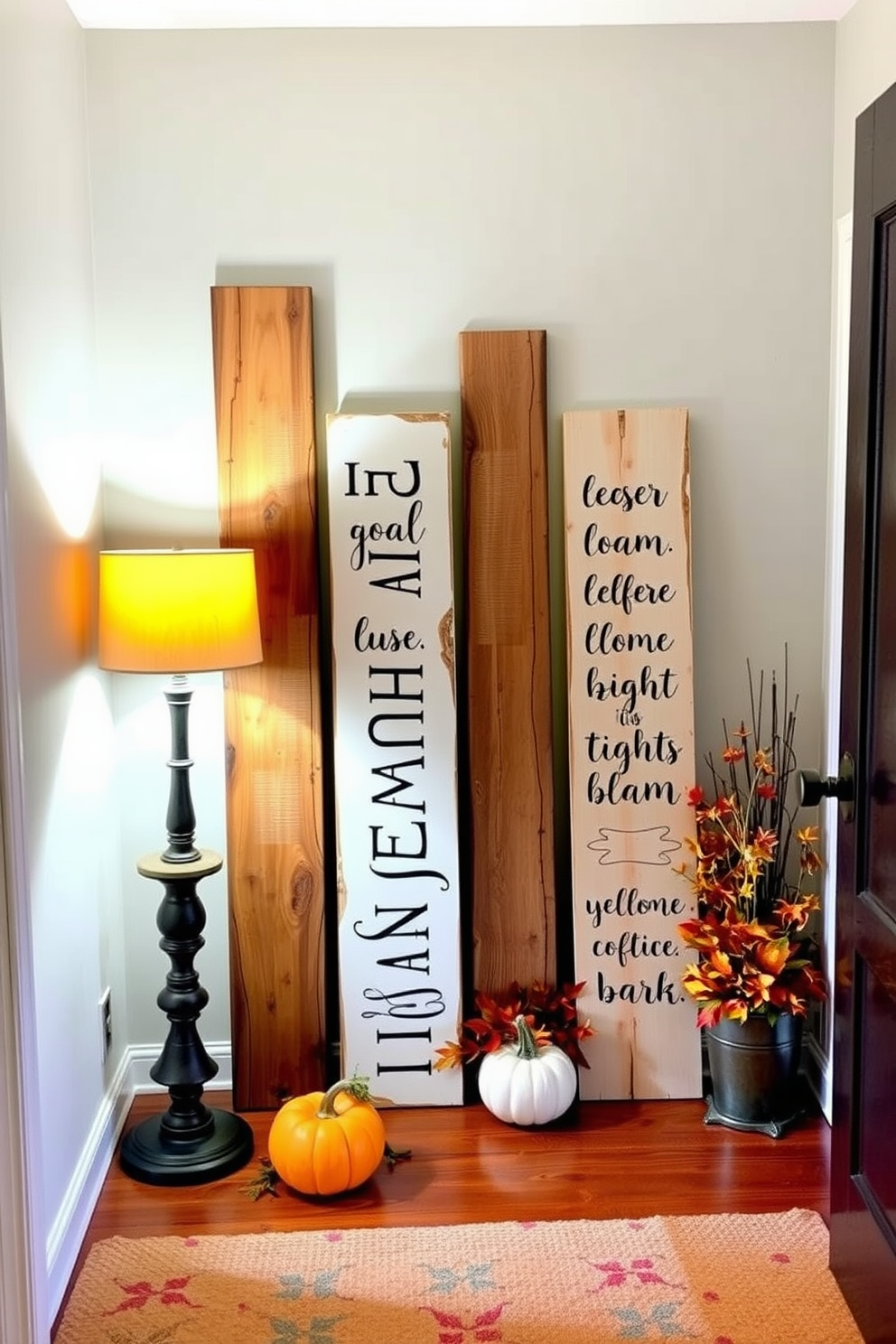 Wooden signs with autumn quotes are beautifully arranged in a cozy entryway. The warm tones of the wood complement the seasonal decor, creating an inviting atmosphere. Decorative pumpkins and seasonal foliage are placed around the signs to enhance the autumn theme. Soft lighting from a nearby lamp casts a warm glow, making the space feel welcoming and festive.