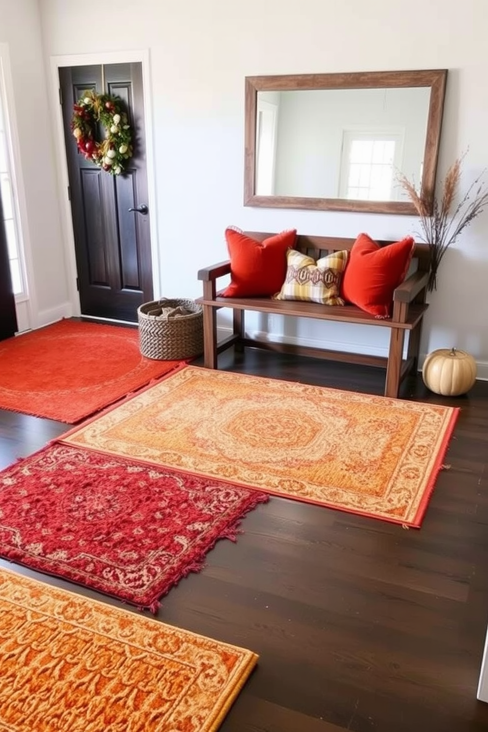 A charming entryway adorned with miniature pumpkins in varying sizes, creating a warm and inviting atmosphere. The pumpkins are arranged on a natural wood console table, surrounded by autumn leaves and a cozy woven basket. Soft, ambient lighting highlights the seasonal decor, enhancing the inviting feel of the space. A rustic door with a wreath made of dried flowers completes the fall-inspired entryway.