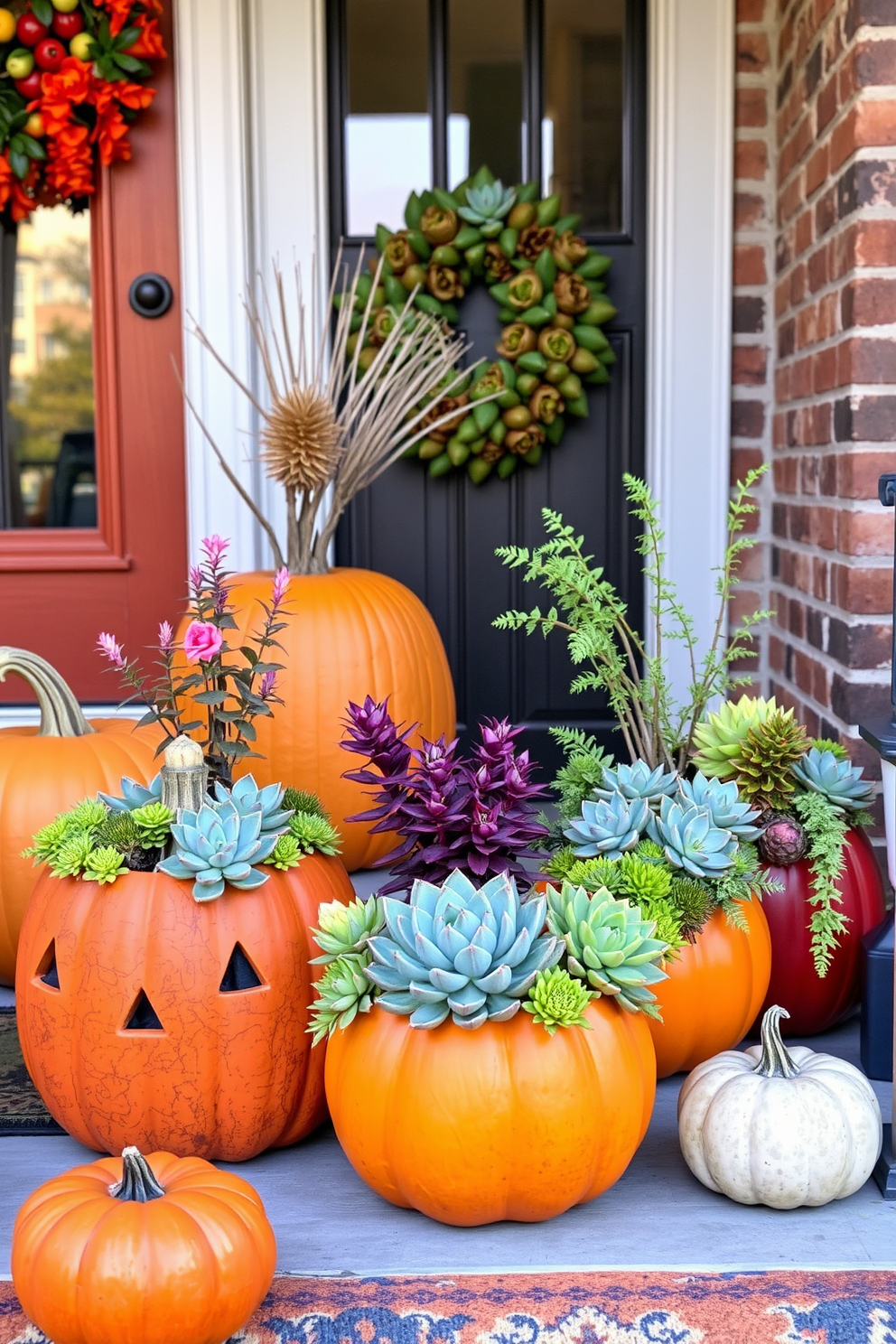 A charming fall entryway featuring succulent arrangements in whimsical pumpkin planters. The vibrant colors of the pumpkins complement the lush greens of the succulents, creating a warm and inviting atmosphere.