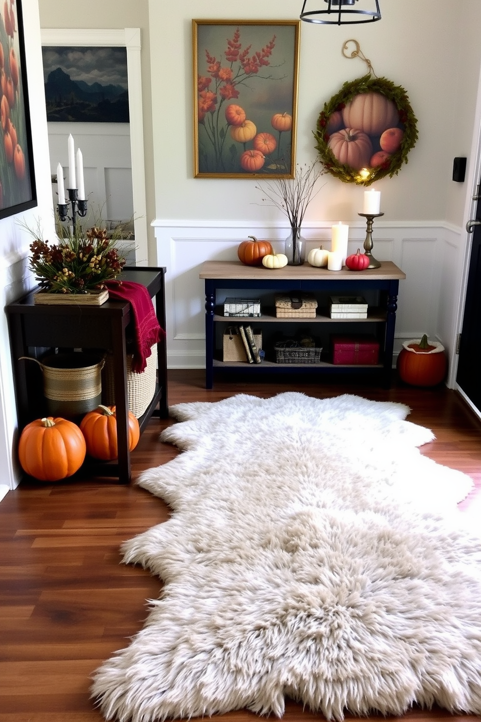 A cozy fall entryway featuring a faux fur rug that adds warmth and texture to the space. The walls are adorned with autumn-themed artwork and a small console table displays seasonal decorations such as pumpkins and candles.