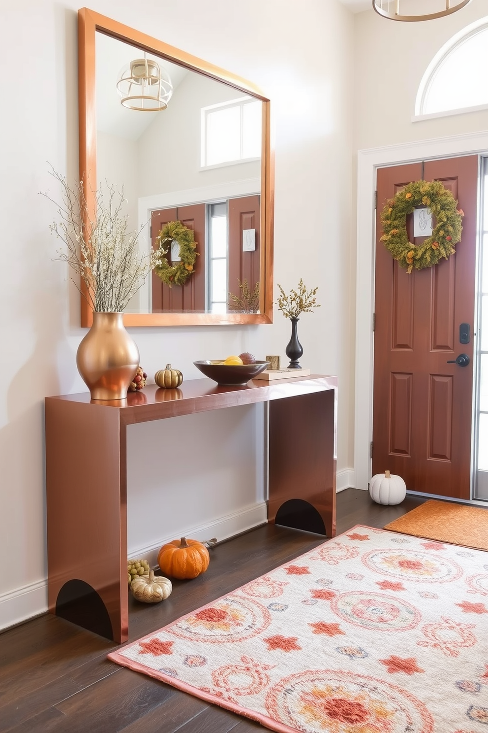 A stylish fall entryway featuring metallic accents and copper decor. The space includes a sleek console table with a copper finish, adorned with a decorative bowl and a small potted plant. A large mirror with a copper frame hangs above the table, reflecting the warm tones of the entryway. The floor is covered with a cozy area rug in autumn colors, and a few seasonal decorations are placed near the door.