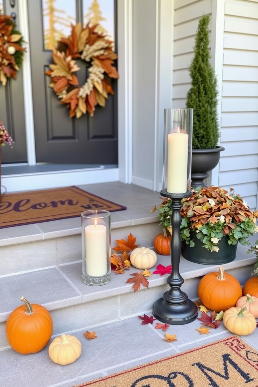 A warm and inviting fall entryway features candles in elegant glass holders placed on the steps. The surrounding decor includes autumn leaves, small pumpkins, and a cozy doormat to create a welcoming atmosphere.