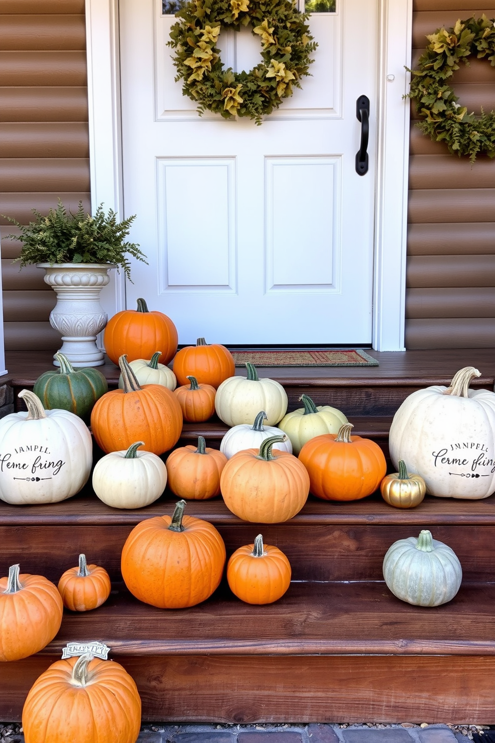 A charming fall entryway adorned with pumpkins of various sizes arranged on rustic wooden steps. The vibrant orange and muted green hues of the pumpkins contrast beautifully with the natural wood, creating a warm and inviting atmosphere.