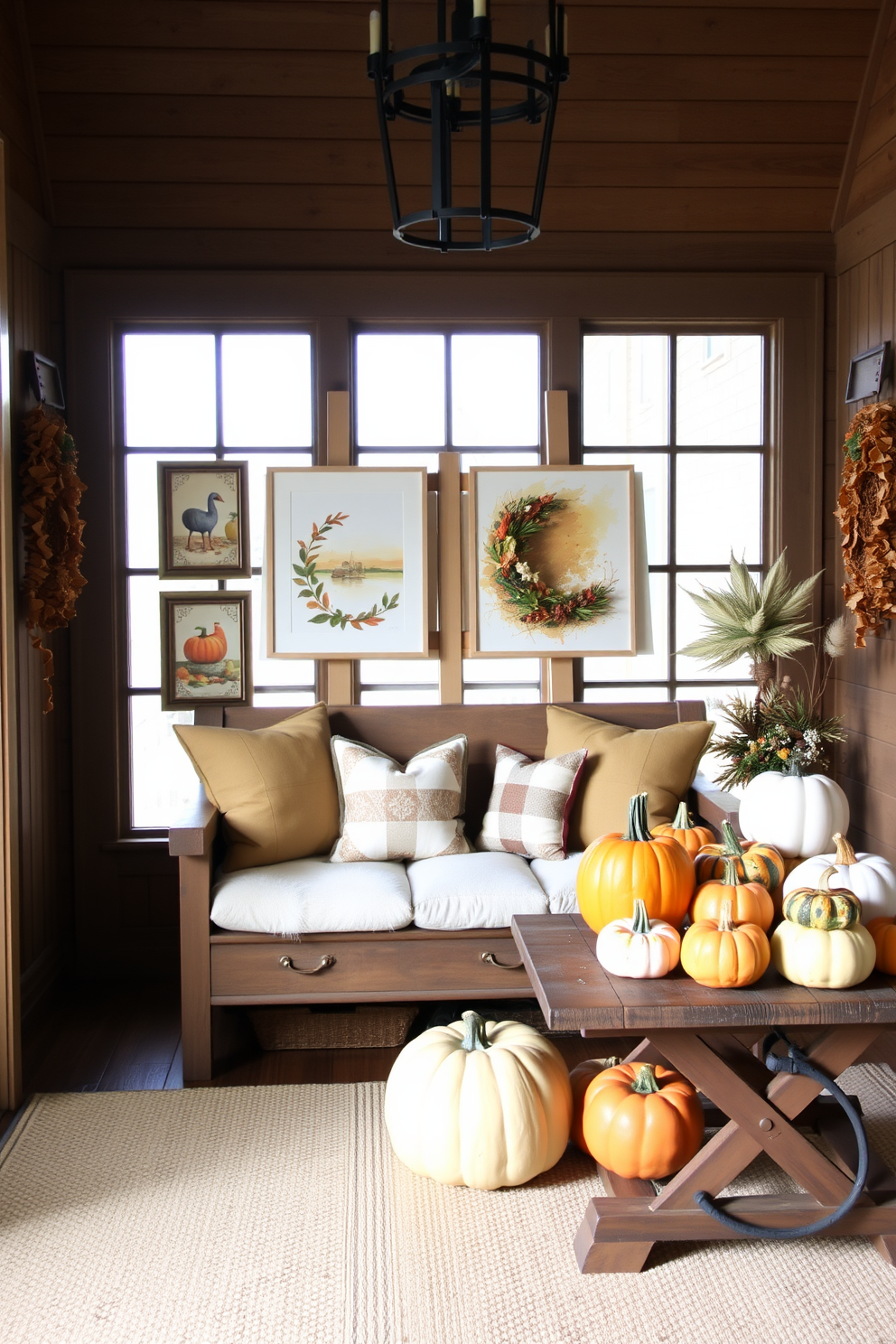 A warm and inviting entryway adorned with seasonal artwork displayed on easels. The space features a cozy bench with plush cushions and a collection of colorful pumpkins arranged on a rustic wooden table.