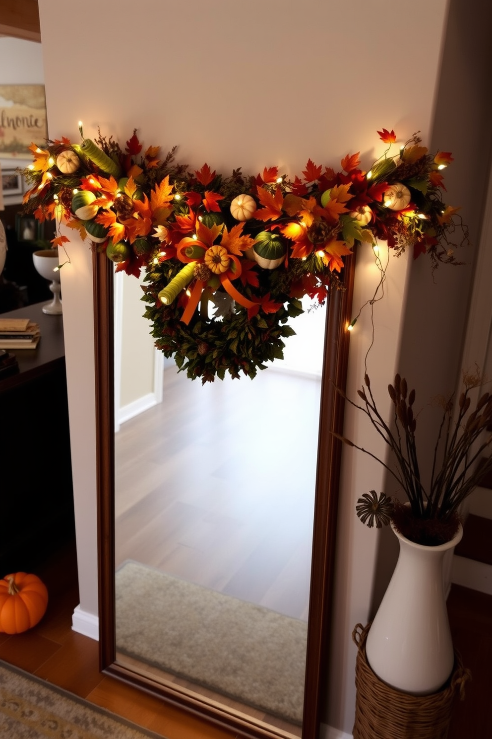 A cozy entryway adorned with a harvest-themed garland draped elegantly across a large mirror. The garland features vibrant autumn leaves, small pumpkins, and twinkling fairy lights, creating a warm and inviting atmosphere.