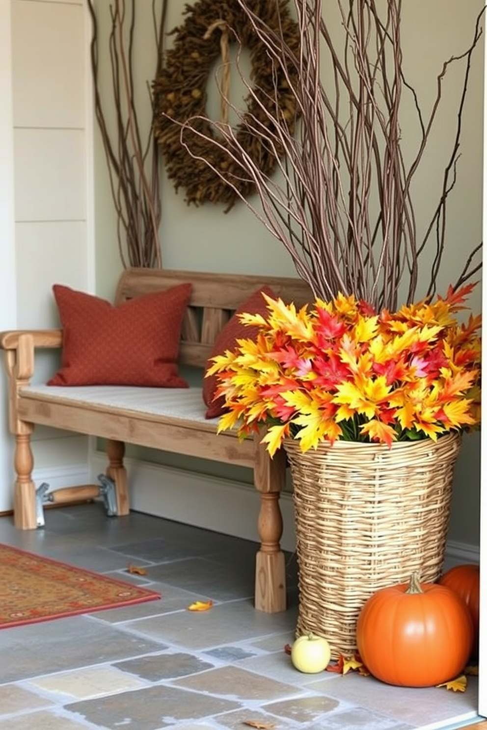 Vintage suitcases stacked for display in a cozy fall entryway. The warm tones of the suitcases complement a backdrop of soft, muted walls adorned with seasonal wreaths and pumpkins.