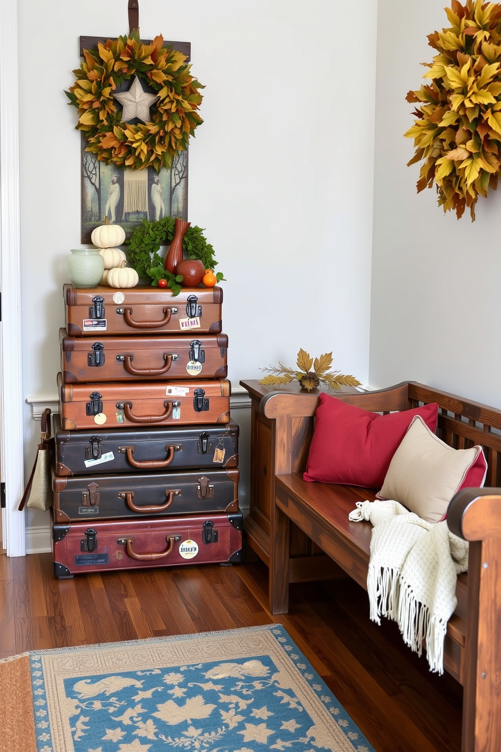 A charming fall entryway featuring a stack of vintage suitcases used for storage. The suitcases are adorned with travel stickers and are positioned next to a rustic wooden bench, creating a warm and inviting atmosphere.