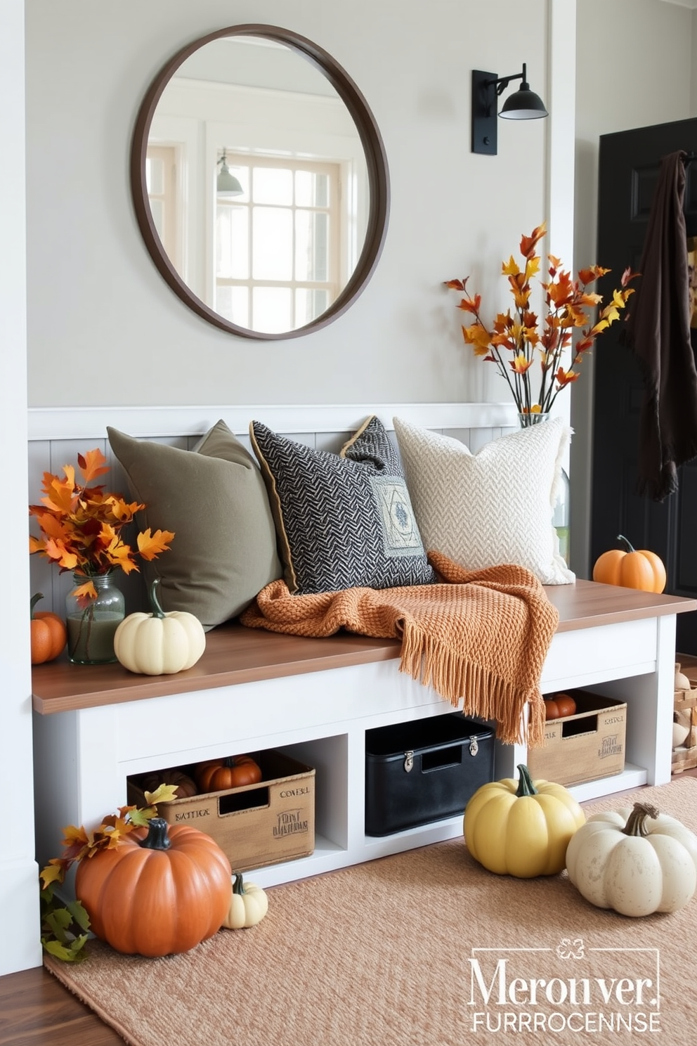 A warm and inviting entryway adorned with a welcome mat featuring vibrant autumn motifs. The space is enhanced by decorative pumpkins and colorful leaves scattered around, creating a cozy fall atmosphere.