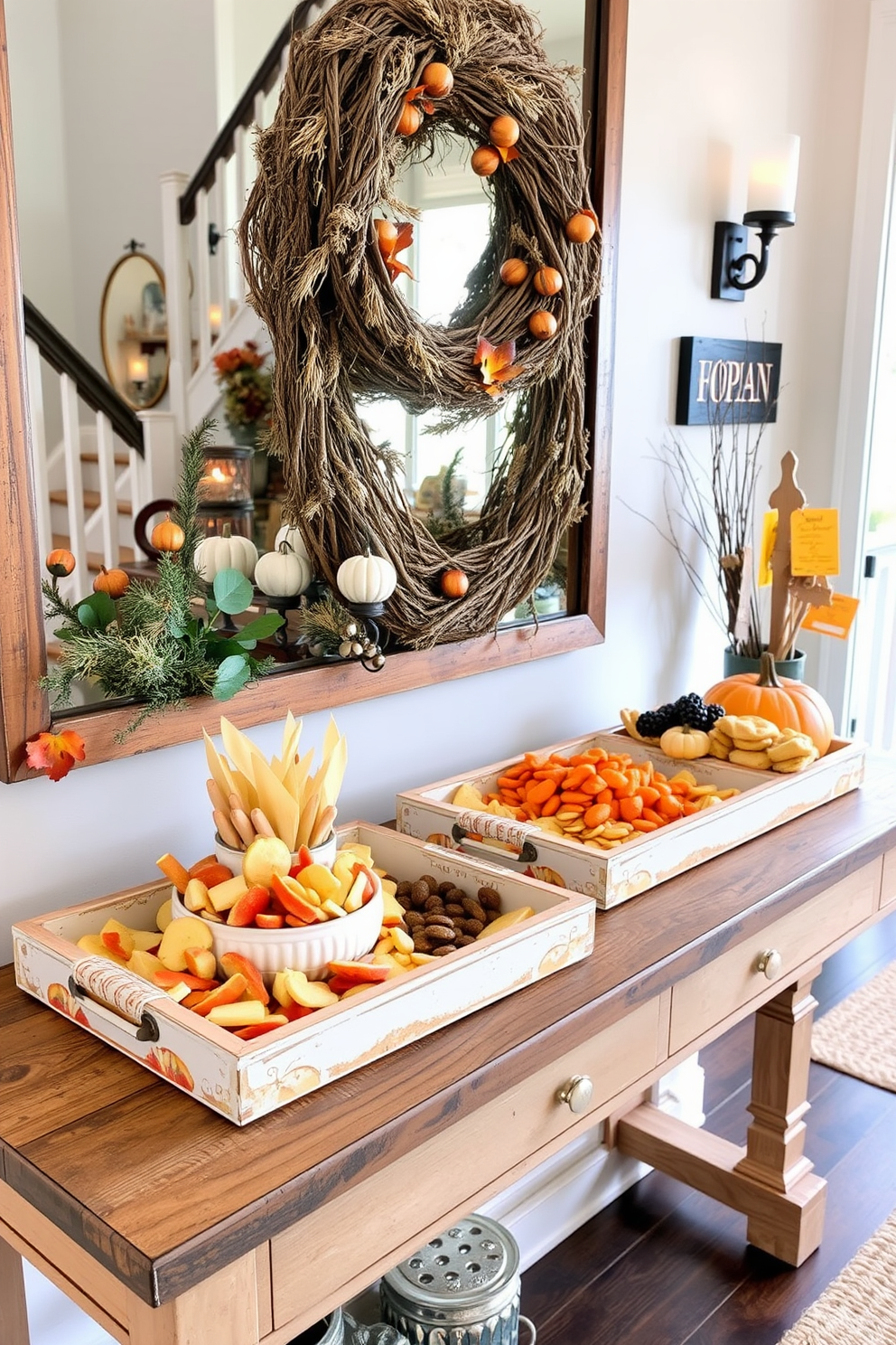 A warm and inviting entryway adorned with decorative trays filled with an assortment of seasonal snacks. The trays are placed on a rustic wooden console table, complemented by a backdrop of autumn-themed decor and cozy lighting.