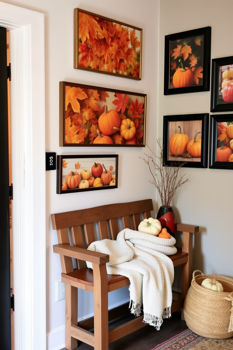 A cozy entryway adorned with hanging fall-themed art prints. The walls are decorated with vibrant images of autumn leaves and pumpkins, creating a warm and inviting atmosphere. A rustic wooden bench sits against one wall, complemented by a woven basket filled with seasonal gourds. A soft, textured throw blanket drapes over the bench, adding comfort and style to the space.