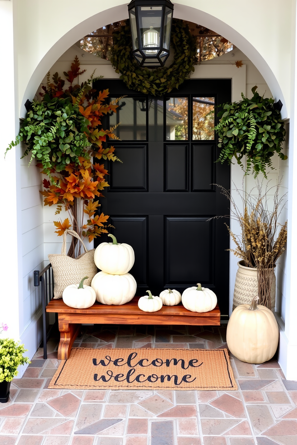 A stylish entryway adorned with crisp white pumpkins arranged on a rustic wooden bench. The space features a warm welcome mat and a backdrop of seasonal foliage in muted autumn tones.