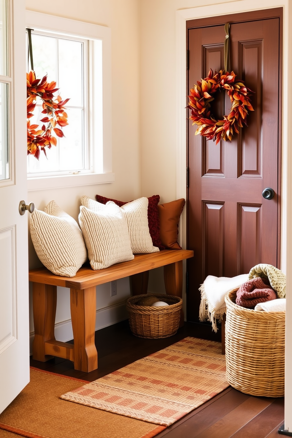 A warm and inviting fall entryway features a rustic wooden bench adorned with plush cushions. To the side, there are woven baskets filled with cozy blankets, adding texture and comfort to the space. The walls are painted in a soft cream color, enhancing the natural light that floods in. A seasonal wreath made of autumn leaves hangs on the door, welcoming guests with a touch of fall charm.