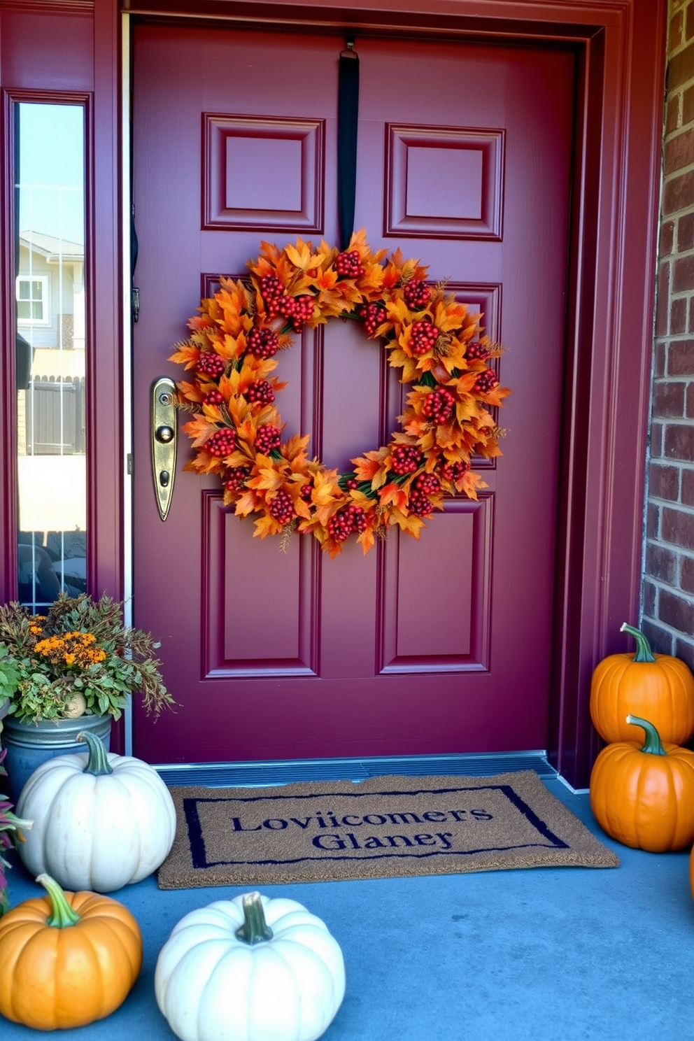 A warm and inviting entryway featuring a rustic wooden table adorned with a large pumpkin centerpiece. Surrounding the pumpkin are autumn leaves and small gourds, creating a cozy fall atmosphere.