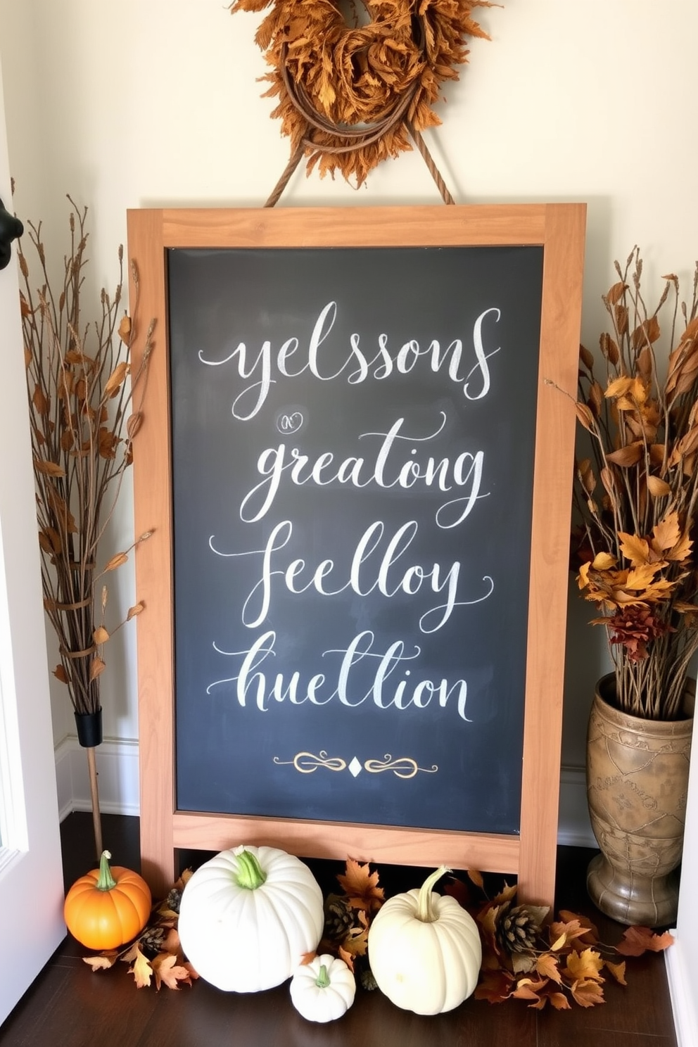 A charming entryway features a large chalkboard sign adorned with seasonal greetings in elegant handwritten script. Surrounding the sign are warm-toned decorations, including mini pumpkins and dried leaves, creating a cozy autumn atmosphere.