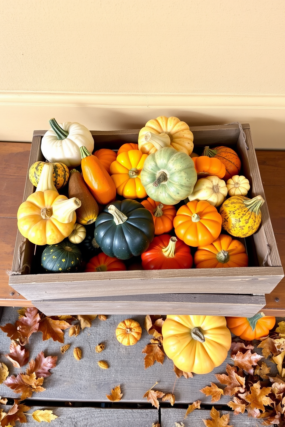 A rustic wooden crate is filled with an assortment of colorful gourds in various shapes and sizes. The crate is placed on a wooden bench, surrounded by autumn leaves and small pumpkins to create a warm and inviting fall entryway.