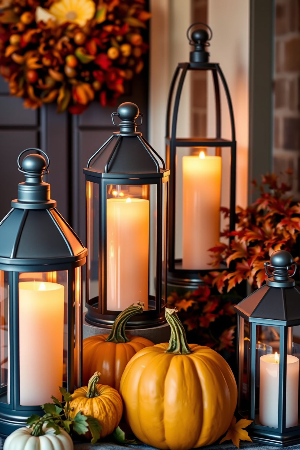 A warm and inviting fall entryway features a charming arrangement of lanterns filled with flickering candles. The soft glow creates a cozy ambiance, enhancing the seasonal decor with pumpkins and rich autumn foliage.