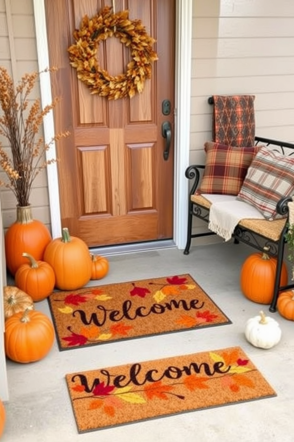 Cozy lanterns with flickering candles illuminate the entryway creating a warm and inviting atmosphere. The space features a rustic wooden bench adorned with soft cushions and a woven basket filled with seasonal decor.