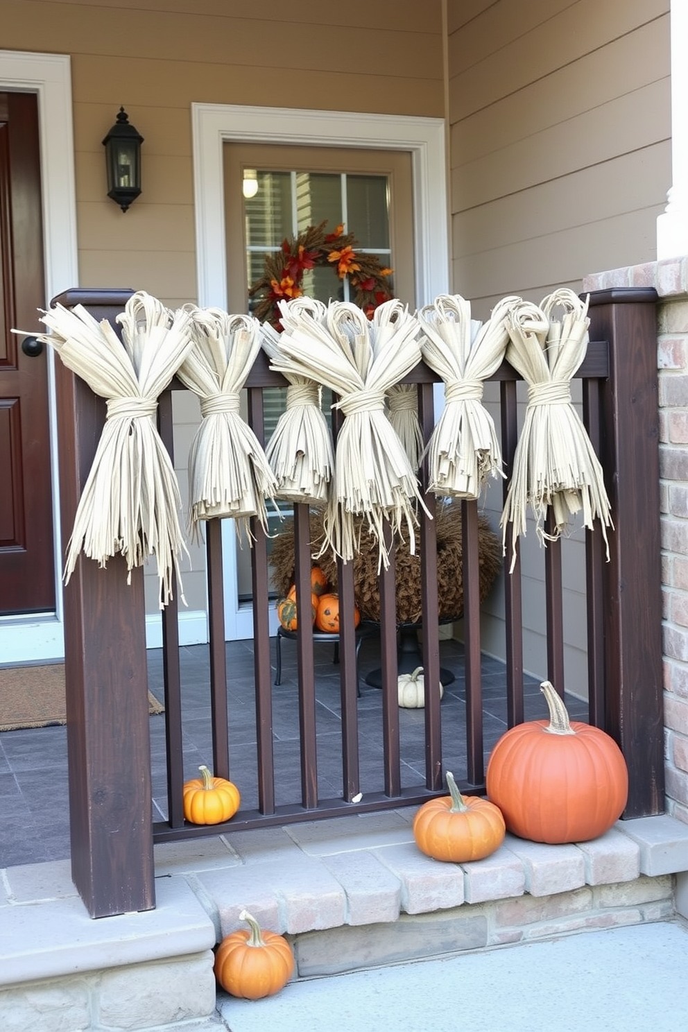 A warm and inviting fall entryway features a rustic railing adorned with dried corn husks artfully tied in bundles. The space is enhanced by autumnal decorations, including pumpkins and gourds placed strategically on the steps, creating a seasonal welcome.