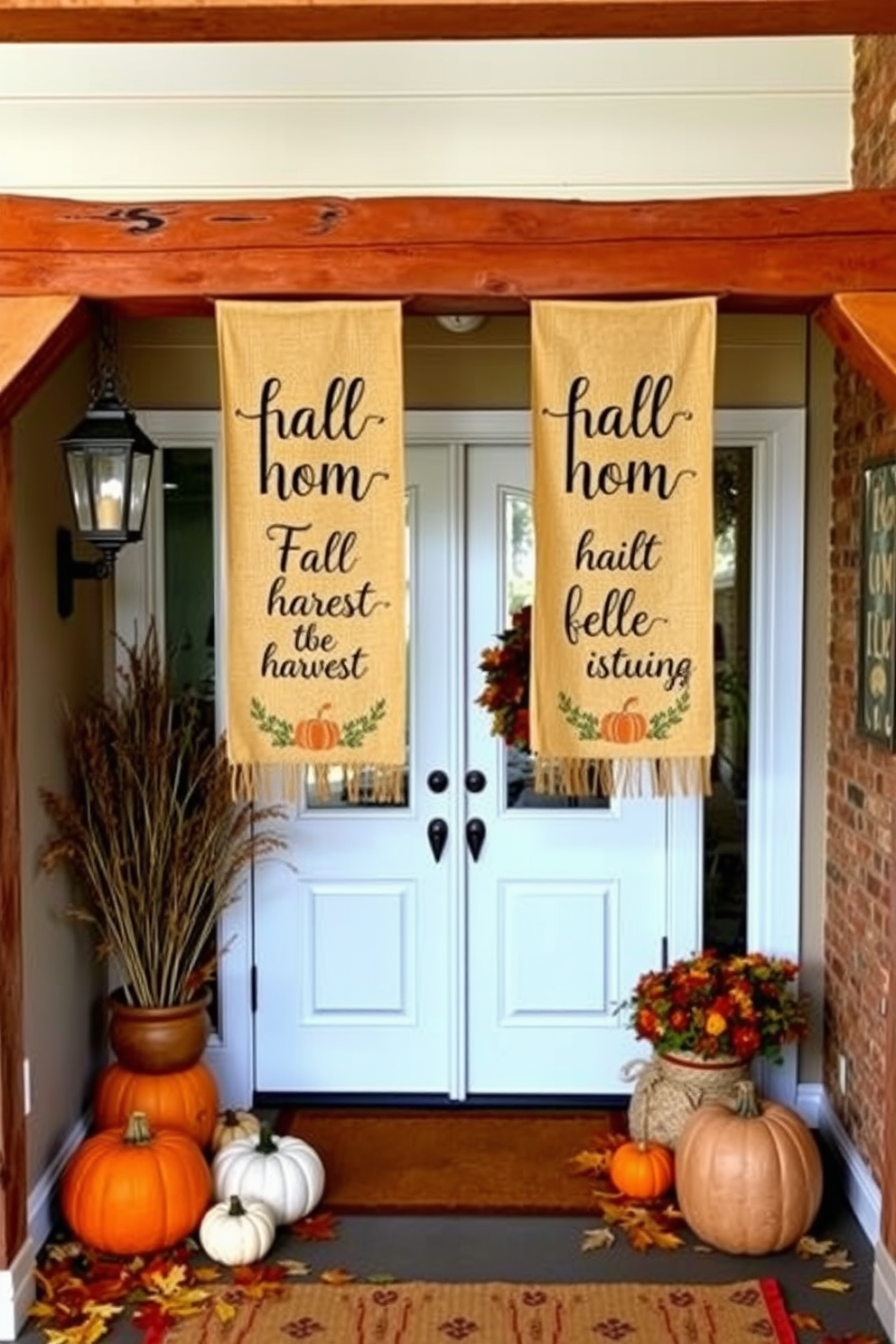 A warm and inviting fall entryway features burlap banners adorned with charming harvest sayings. The banners hang gracefully from a rustic wooden beam, complemented by seasonal decor such as pumpkins and autumn leaves scattered around.