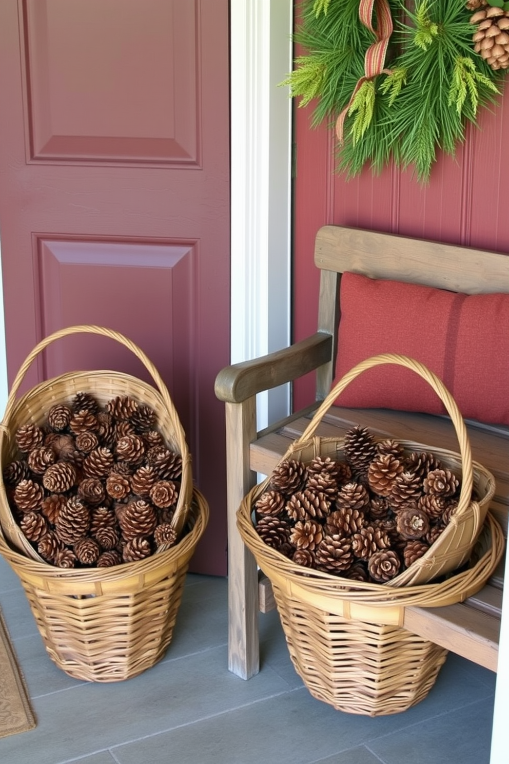 A charming fall entryway features vintage baskets filled with an assortment of pinecones. The warm tones of the pinecones complement the rustic wooden bench placed beside the door, creating an inviting atmosphere.