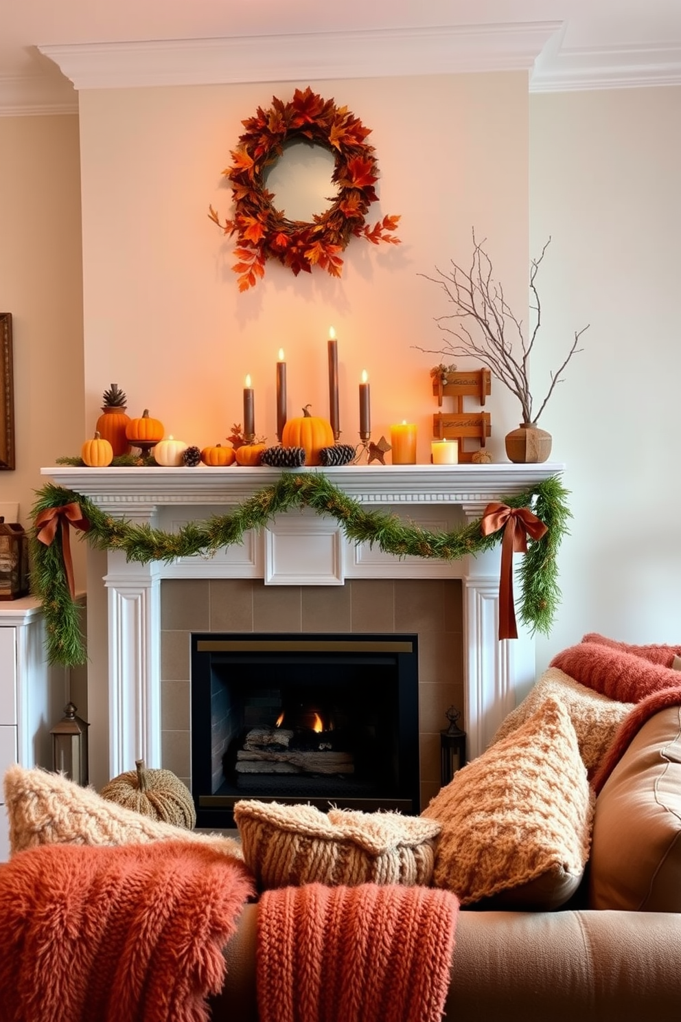 A cozy living room featuring a beautiful fireplace adorned with warm autumnal decorations. The mantel is decorated with pumpkins, pinecones, and candles in shades of orange, red, and yellow, creating a welcoming atmosphere. The walls are painted in a soft cream color, complementing the rich hues of the decor. Plush throws and cushions in warm tones are arranged on a comfortable sofa, inviting relaxation on chilly autumn evenings.