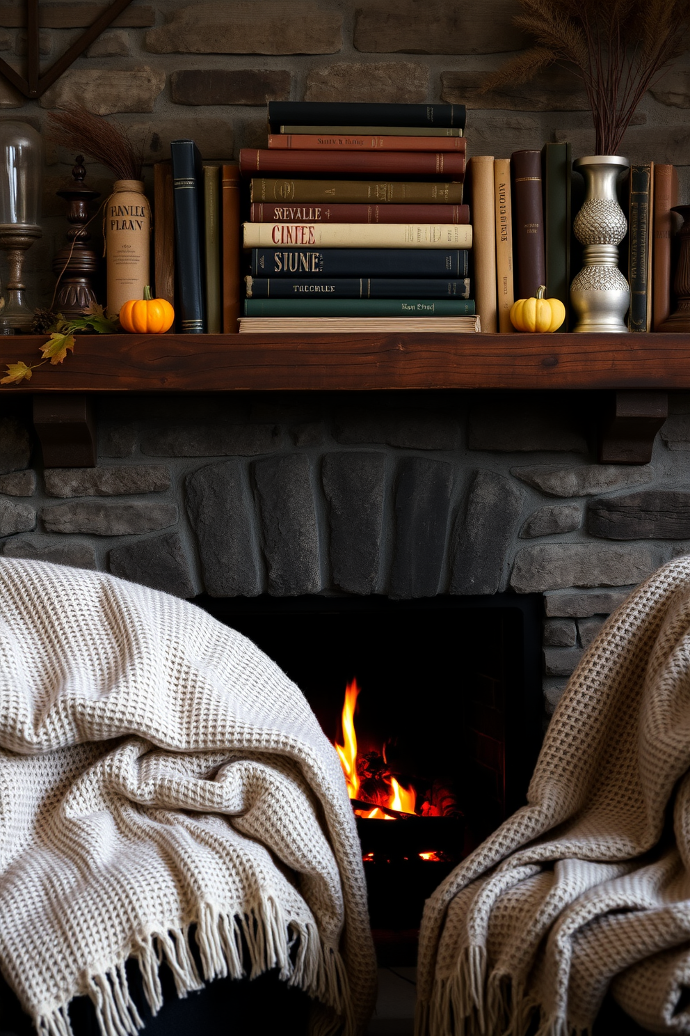 A cozy fireplace adorned with vintage books stacked neatly on the mantel creates a charming focal point. The warm glow of the flames complements the rustic decor, inviting relaxation and comfort. Decorative elements like autumn leaves and small pumpkins are artfully arranged around the fireplace. Soft, textured throws drape over nearby seating, enhancing the inviting atmosphere of the space.