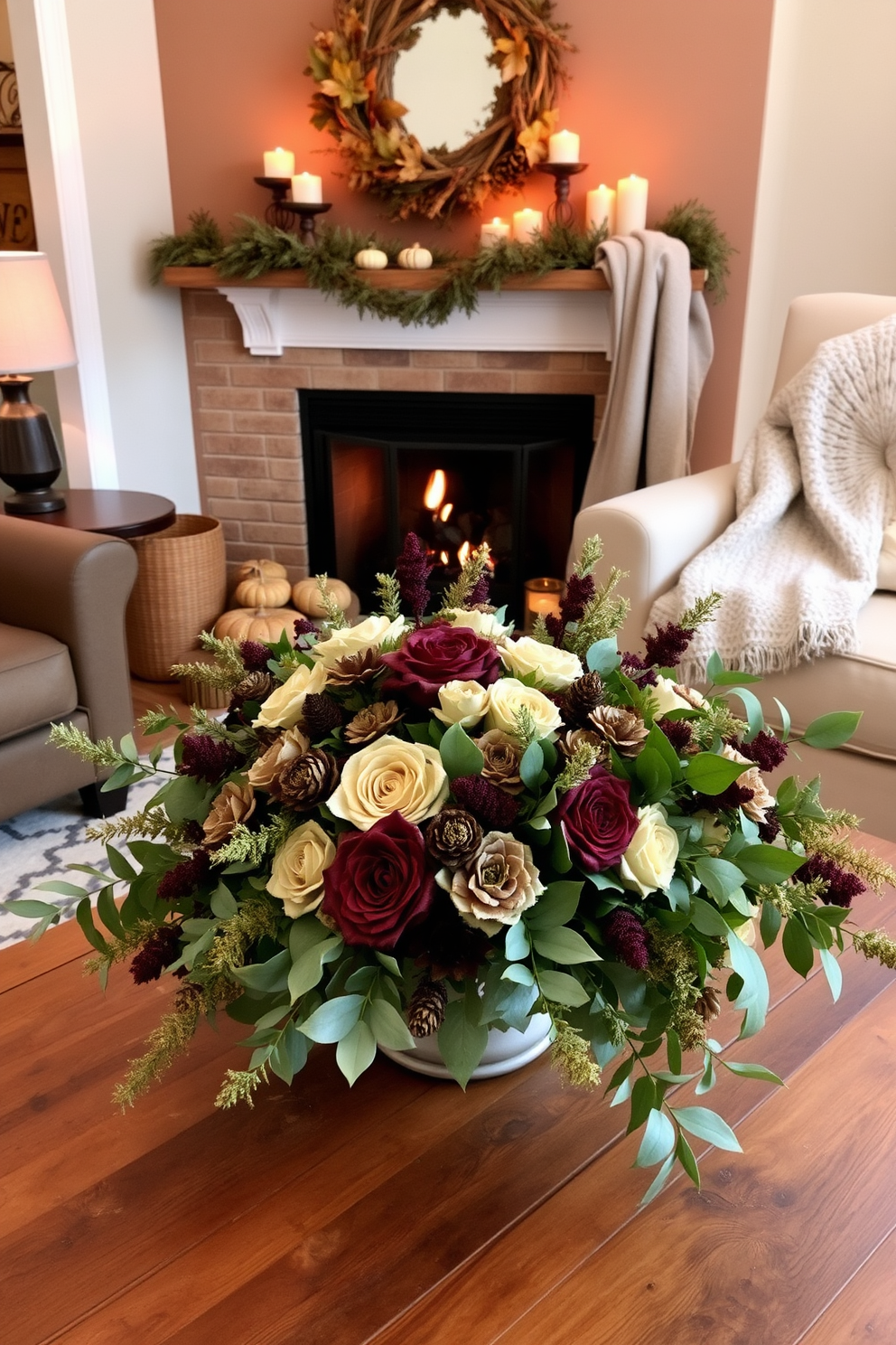 A cozy living room setting features a beautifully arranged floral centerpiece in earthy tones, showcasing deep greens, soft browns, and rich burgundies. The arrangement is placed on a rustic wooden coffee table, enhancing the warm atmosphere of the space. Nearby, a charming fireplace is adorned with seasonal decorations, including small pumpkins and pinecones nestled among flickering candles. The mantel is draped with a soft, textured throw, adding a touch of comfort to the fall-inspired decor.