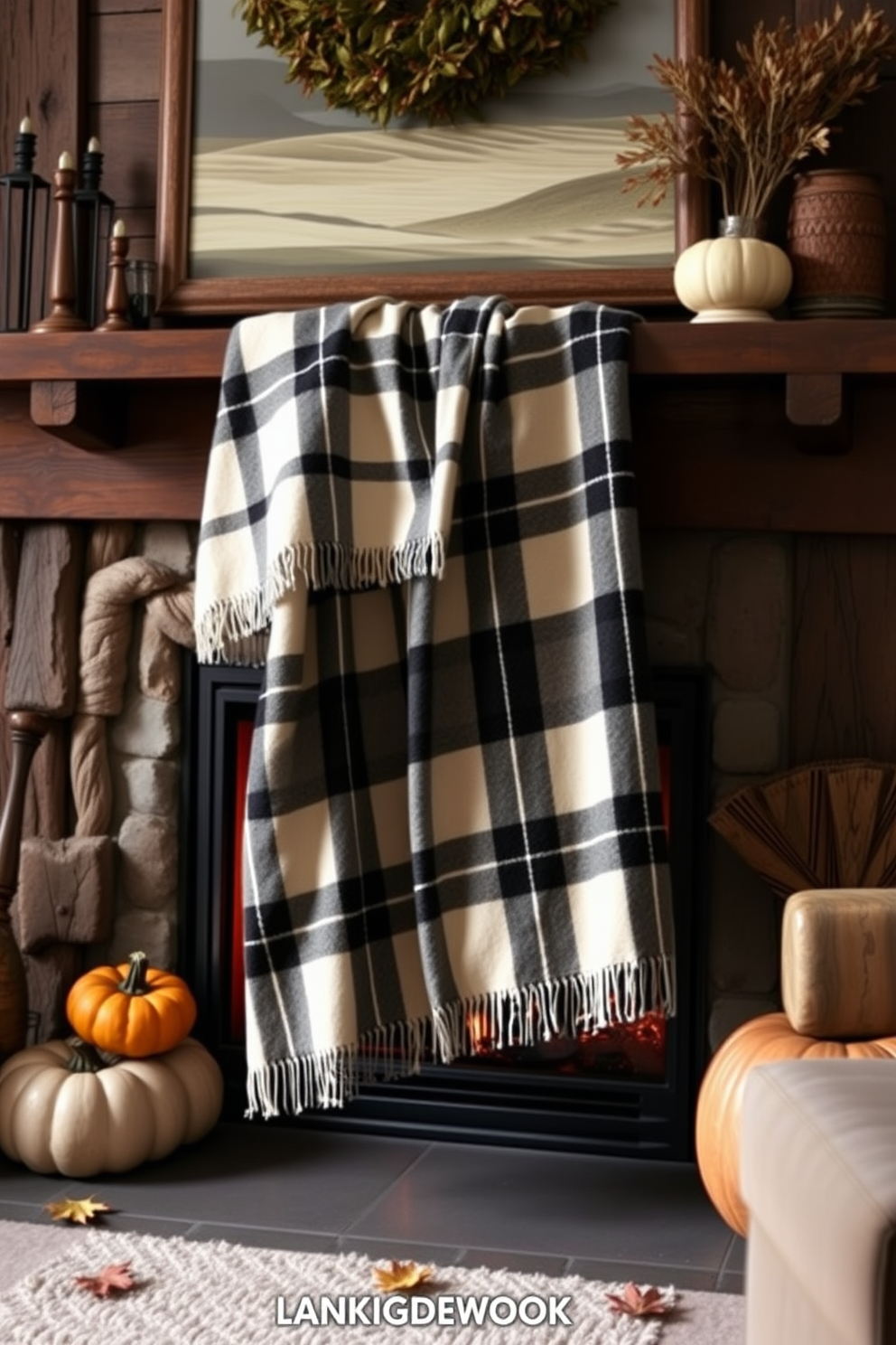 A cozy living room adorned with a classic plaid throw draped elegantly over a rustic wooden mantel. The fireplace is lit, casting a warm glow, while seasonal decorations like pumpkins and autumn leaves enhance the fall ambiance.