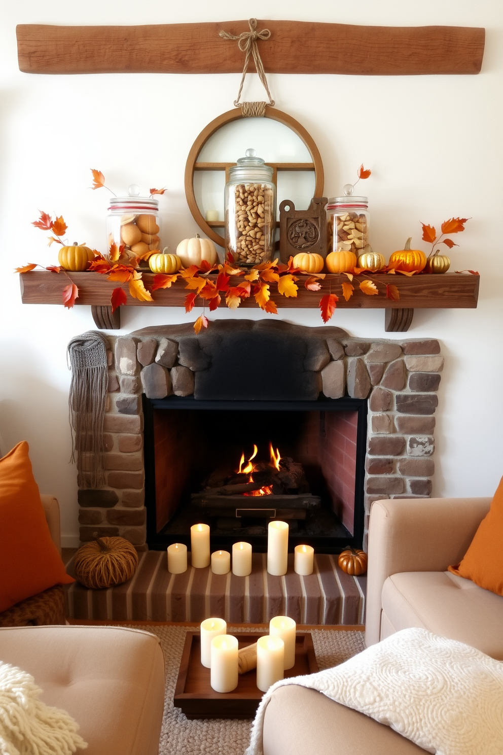 A cozy fall living room featuring a rustic fireplace adorned with autumn leaves and small pumpkins. On the mantel, glass jars filled with seasonal treats like caramel apples and spiced nuts create a warm and inviting atmosphere. The fireplace is surrounded by plush seating in warm tones, complemented by soft throw blankets. Flickering candles placed on the hearth add to the ambiance, casting a gentle glow throughout the space.