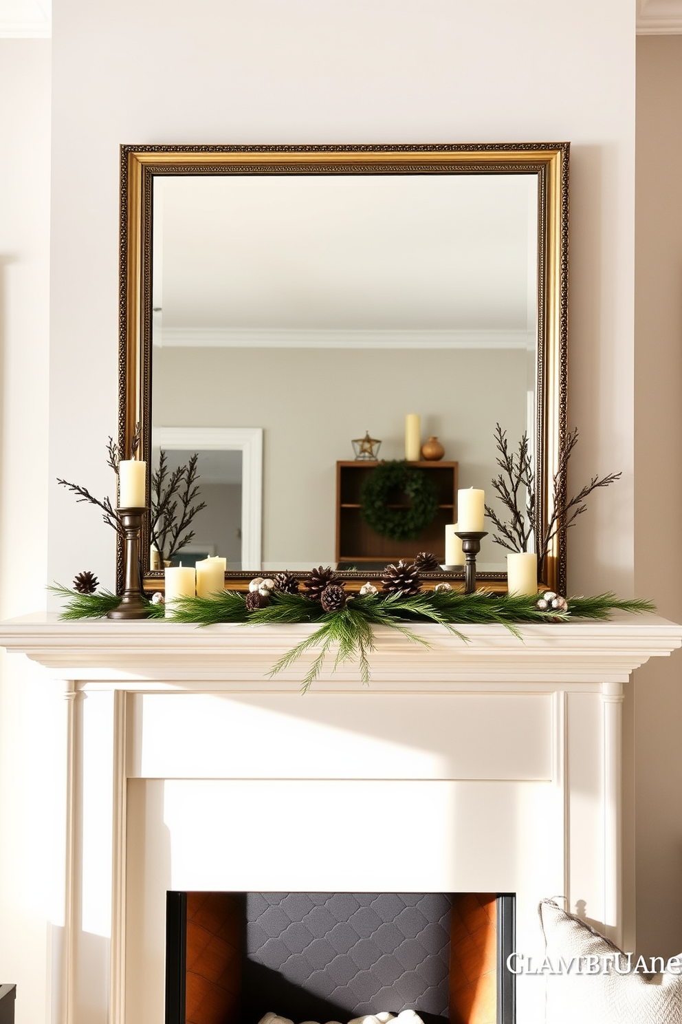 A large mirror is mounted above a sleek mantel, enhancing the brightness of the room. The mirror features an ornate frame that complements the rich wood tones of the fireplace below. The fireplace is adorned with seasonal decorations, including candles and natural elements like pinecones and greenery. Cozy throws and decorative pillows are arranged nearby, inviting warmth and comfort to the space.