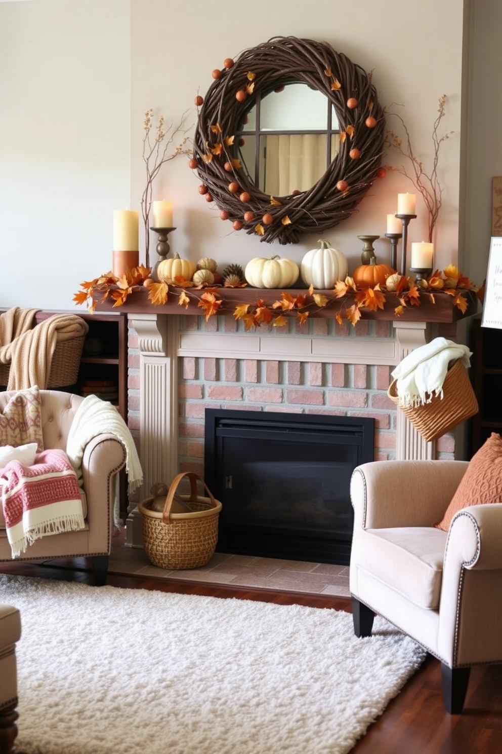 Create a cozy living room scene featuring a fall-themed fireplace. The fireplace is adorned with decorative baskets filled with cozy blankets and seasonal decor, surrounded by warm autumn colors. Incorporate a mantle display with pumpkins and candles that enhance the inviting atmosphere. The floor is covered with a soft area rug, and the seating area includes plush armchairs that invite relaxation.