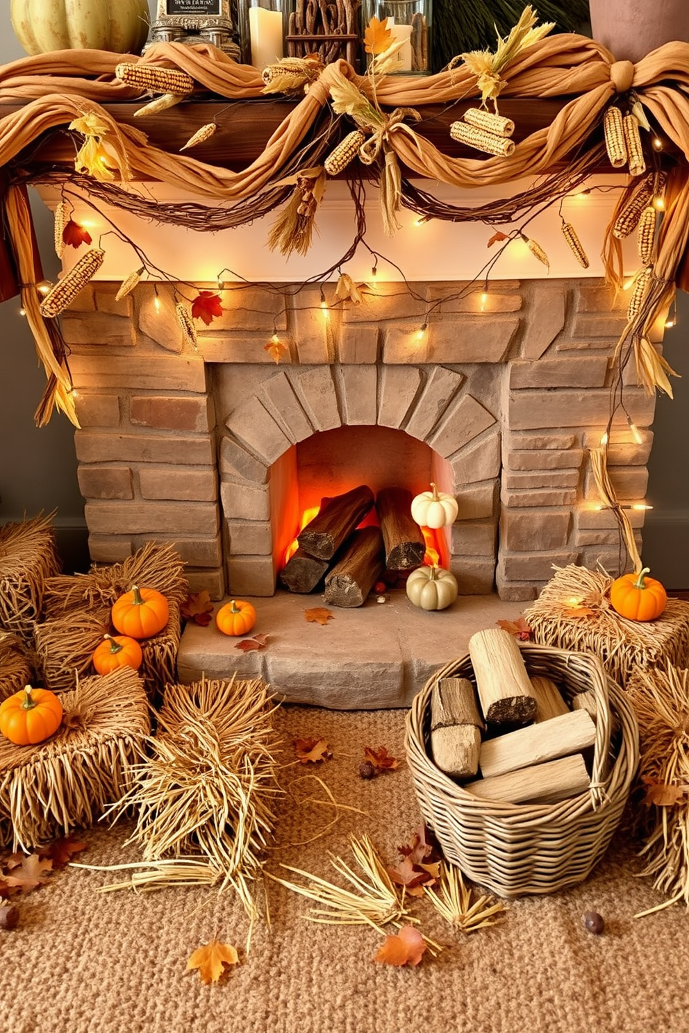 A cozy living room featuring a rustic mantel adorned with harvest-themed artwork. The artwork showcases vibrant autumn leaves and pumpkins, creating a warm focal point above the fireplace. The fireplace is decorated with an assortment of fall accents, including small gourds and candles in varying heights. Soft, plush blankets are draped over the mantel, inviting comfort and seasonal charm.