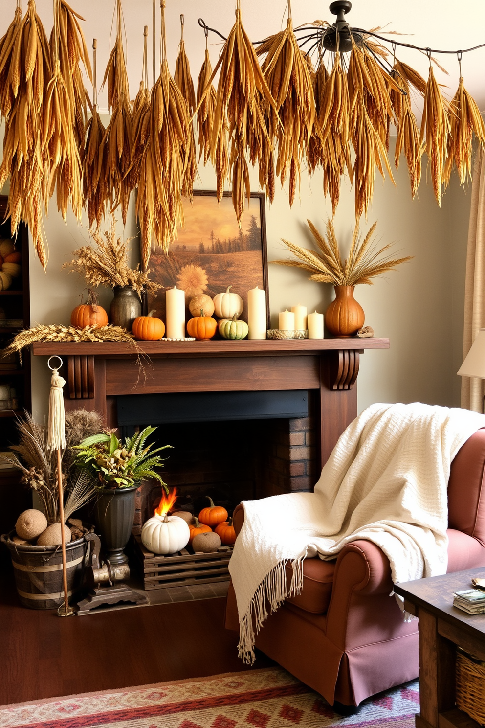 A cozy living room features a beautifully decorated fireplace adorned with ceramic animal figurines. The mantel is lined with wooden animal sculptures, creating a warm and inviting atmosphere. Soft lighting illuminates the space, highlighting the intricate details of the figurines. A plush rug lies in front of the fireplace, adding comfort and style to the overall decor.