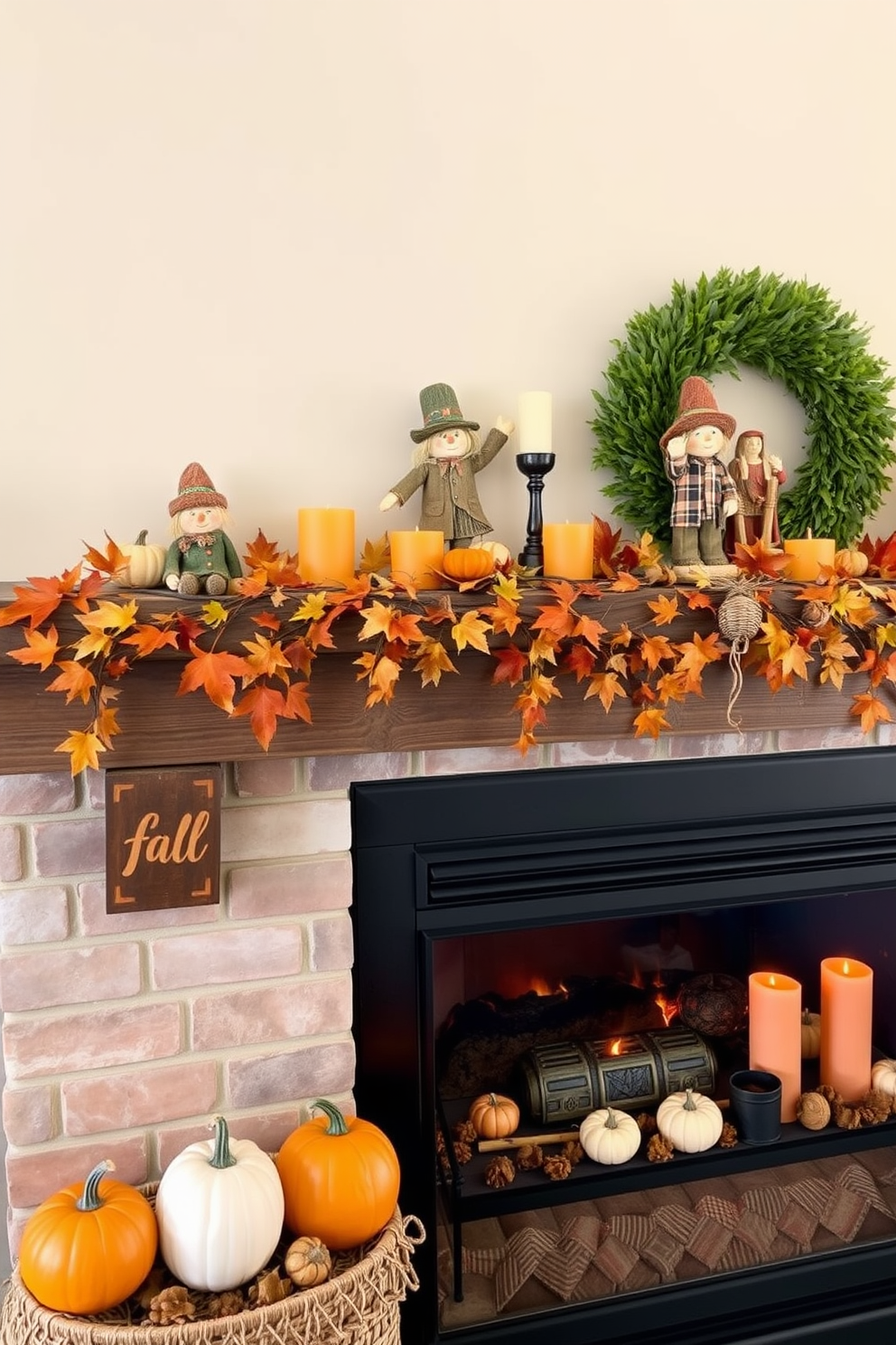 Create a cozy fall fireplace setting adorned with seasonal figurines such as scarecrows. The fireplace mantel is decorated with autumn leaves, small pumpkins, and candles in warm hues, creating a welcoming atmosphere.