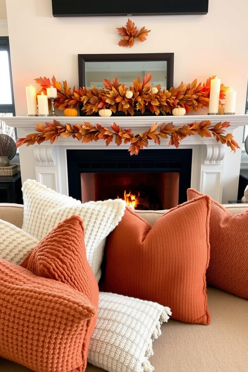 Textured pillows in rich fall colors are arranged on a plush sofa, creating a warm and inviting atmosphere. The pillows feature various patterns and materials, such as knitted, velvet, and woven fabrics, enhancing the cozy feel of the space. A beautifully decorated fireplace serves as the focal point of the room, adorned with seasonal accents. Above the mantel, a garland of autumn leaves and small pumpkins complements the flickering flames, while candles in varying heights add a touch of elegance.