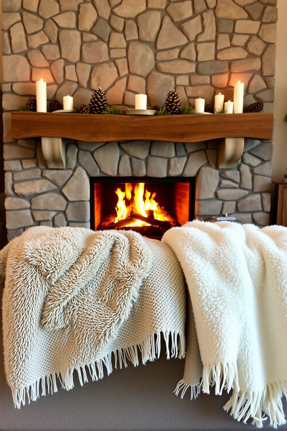 A cozy fireplace adorned with mini pumpkins in various sizes creates a warm and inviting atmosphere. The pumpkins are arranged on the mantel alongside flickering candles and autumn leaves for a seasonal touch.