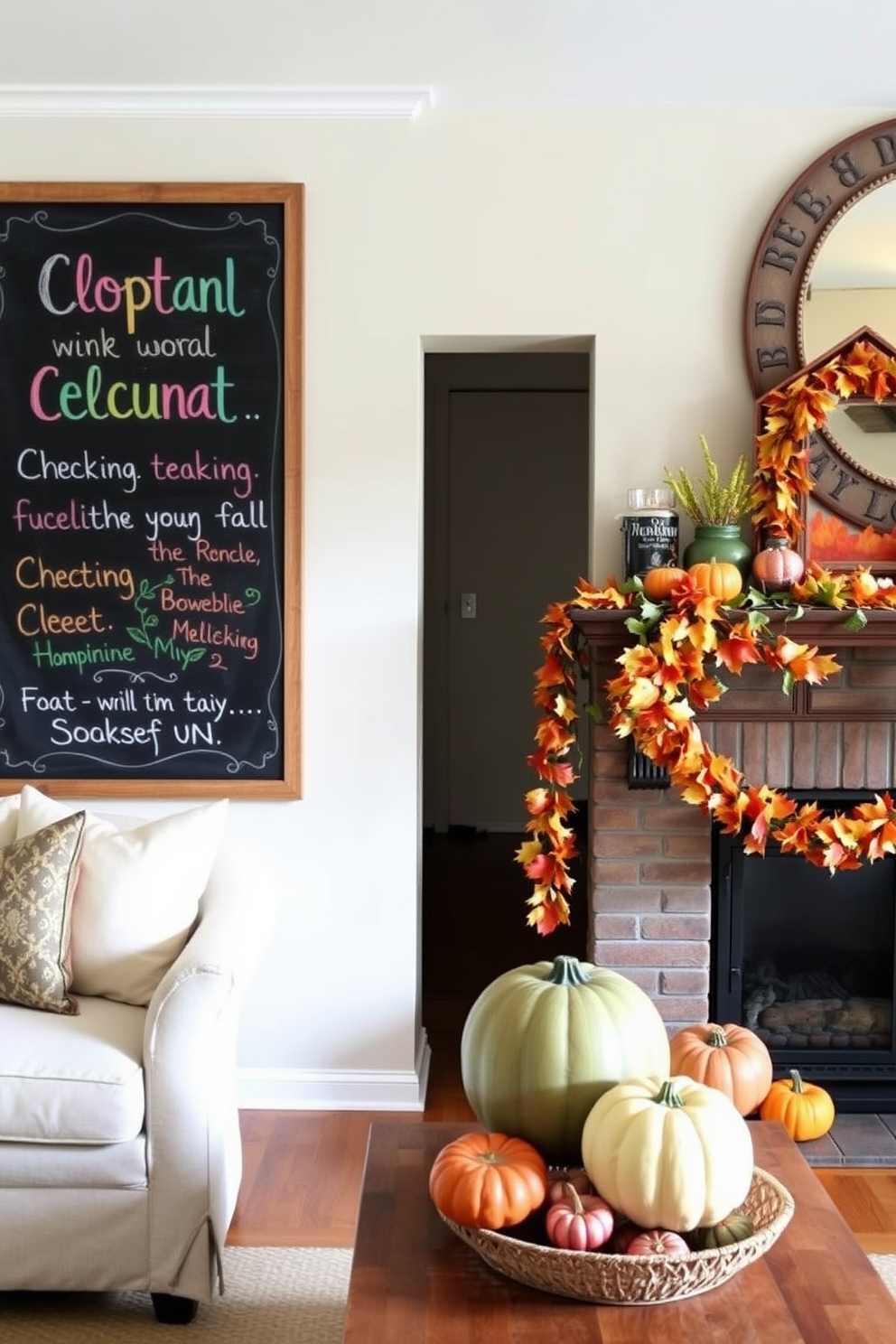 A cozy living room features a large chalkboard mounted on the wall with seasonal messages written in colorful chalk. Next to the chalkboard, a beautifully decorated fireplace showcases autumn-themed decor, including pumpkins and garlands of fall leaves.